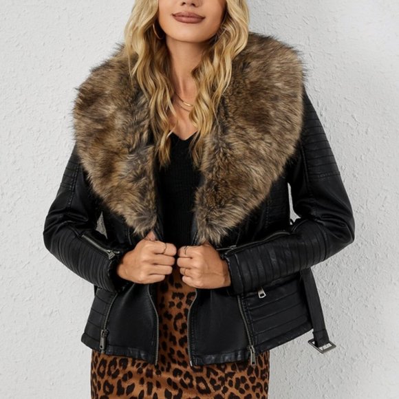 Brown Faux Fur Black Leather Belted Motorcycle Bomber Jacket Sherpa Winter Coat - Picture 3 of 6